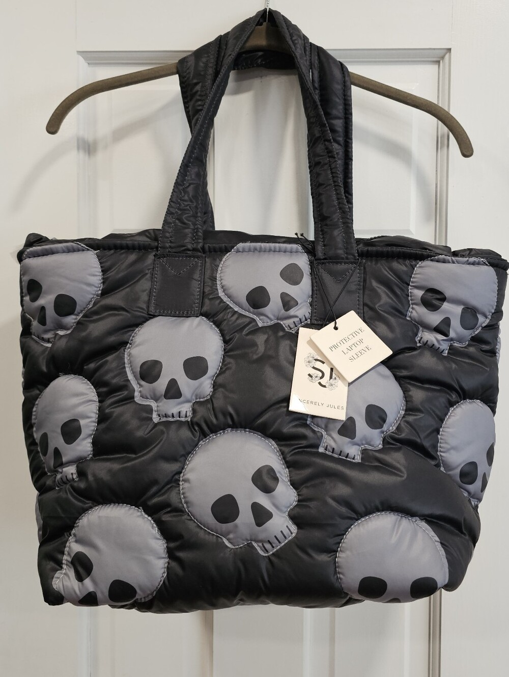 New Sincerely Jules Skull Puffer Tote Bag Laptop Sleeve Black Grey  Halloween
